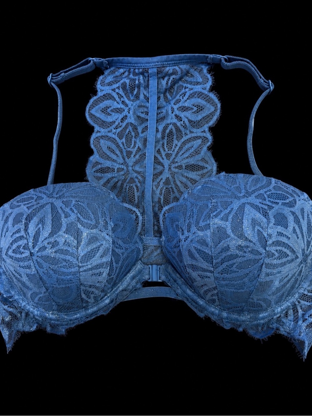 PINK Victoria's Secret Blue Lace Racerback Sparkly Push Up Bra Sz 34C